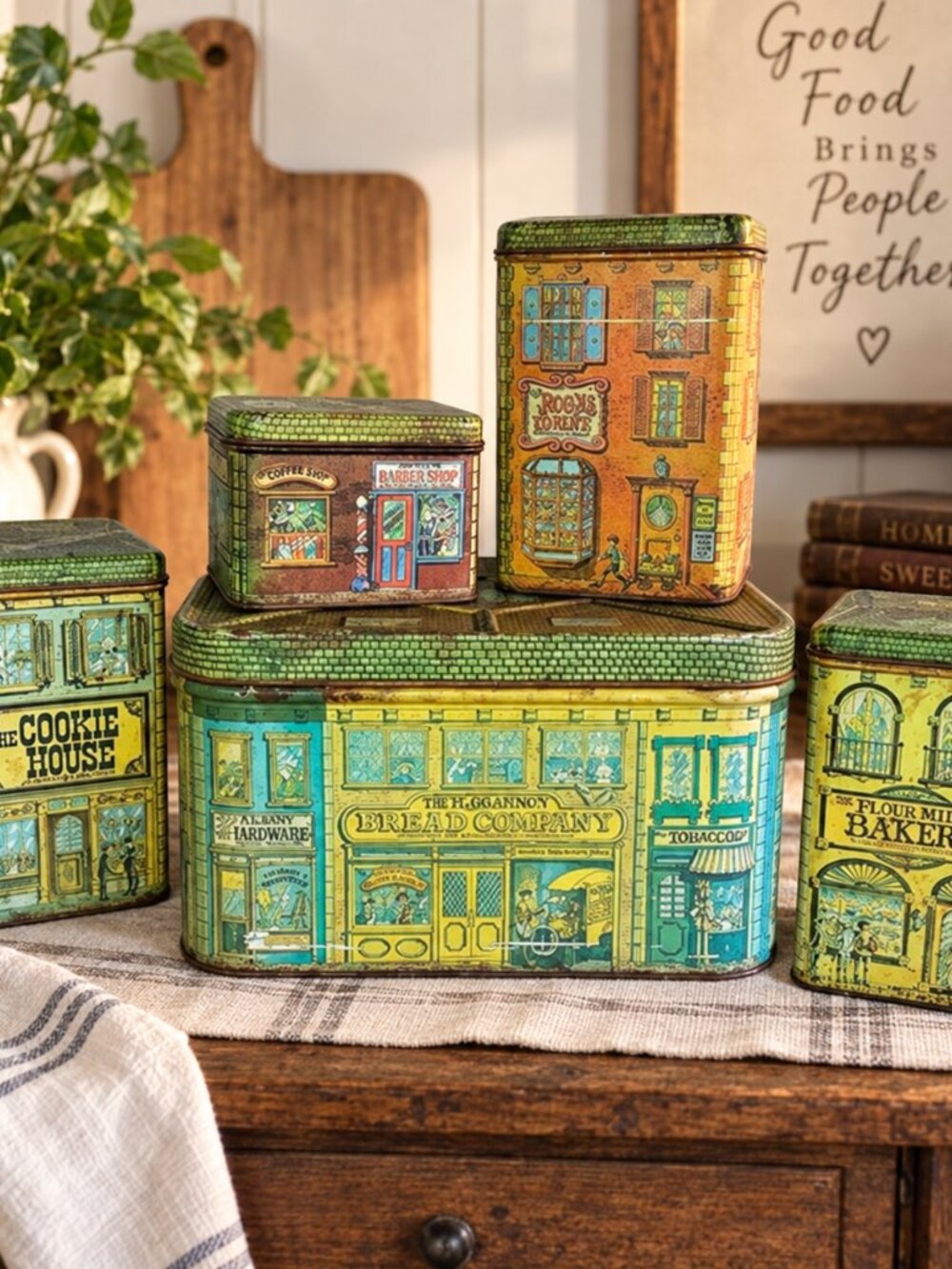 Vintage 5-Piece Kitchen Tin Set – Bread, Coffee, Sugar, Flour & Cookies